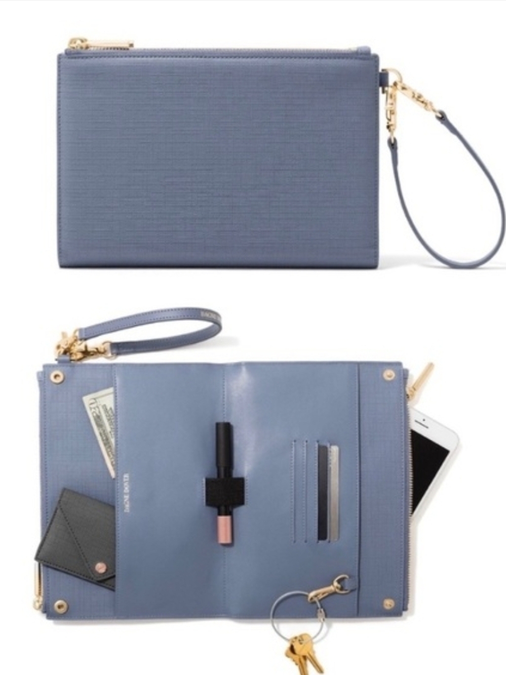 Dagne Dover Blue Wristlet Organizer with Gold Hardware